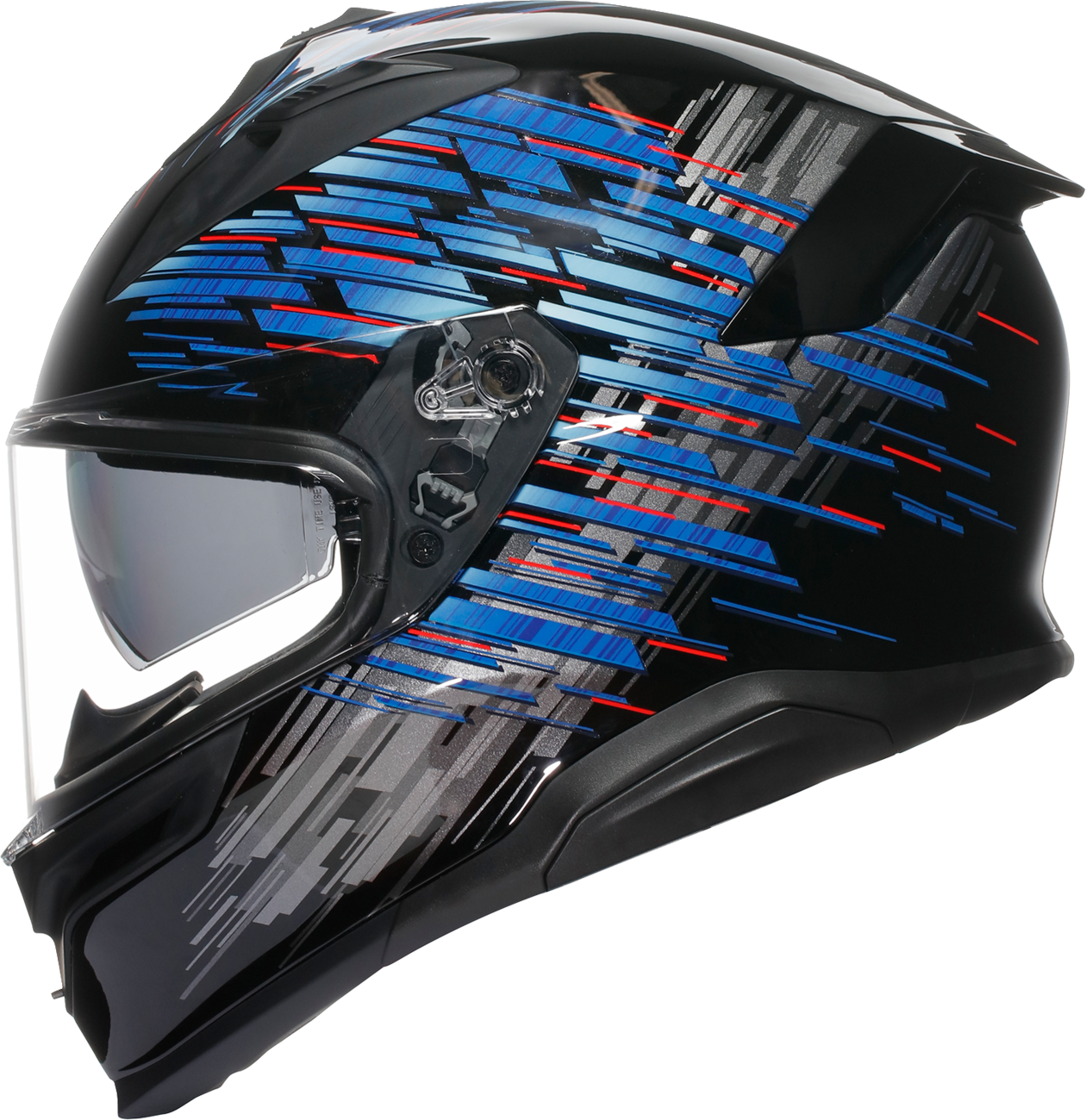 AGV K7 Genisys motorcycle helmet in medium, black with blue and gray accents, showcasing advanced aerodynamic design.
