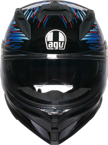 AGV K7 Genisys motorcycle helmet in medium size with black, blue, and gray colors, featuring an aerodynamic design.