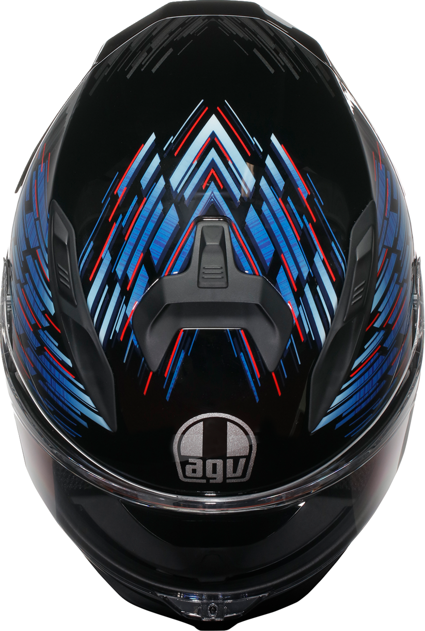 AGV K7 Genisys motorcycle helmet in black, blue, and gray with XL size, featuring a sleek aerodynamic design and clear visor.