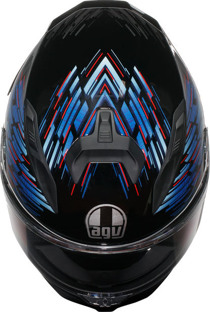 AGV K7 Genisys motorcycle helmet in black, blue, and gray with XL size, featuring a sleek aerodynamic design and clear visor.
