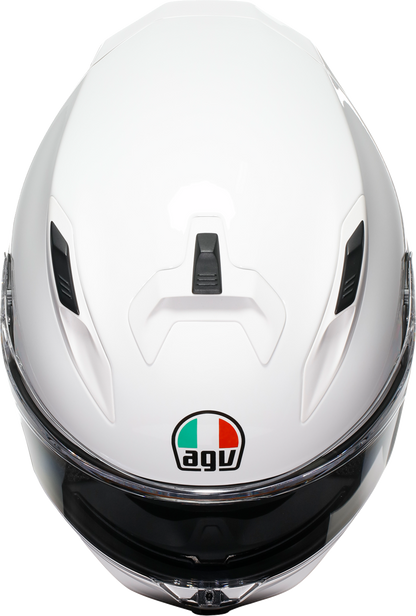 White AGV K7 Mono helmet with advanced ventilation and safety features, large size, shown from a side angle.