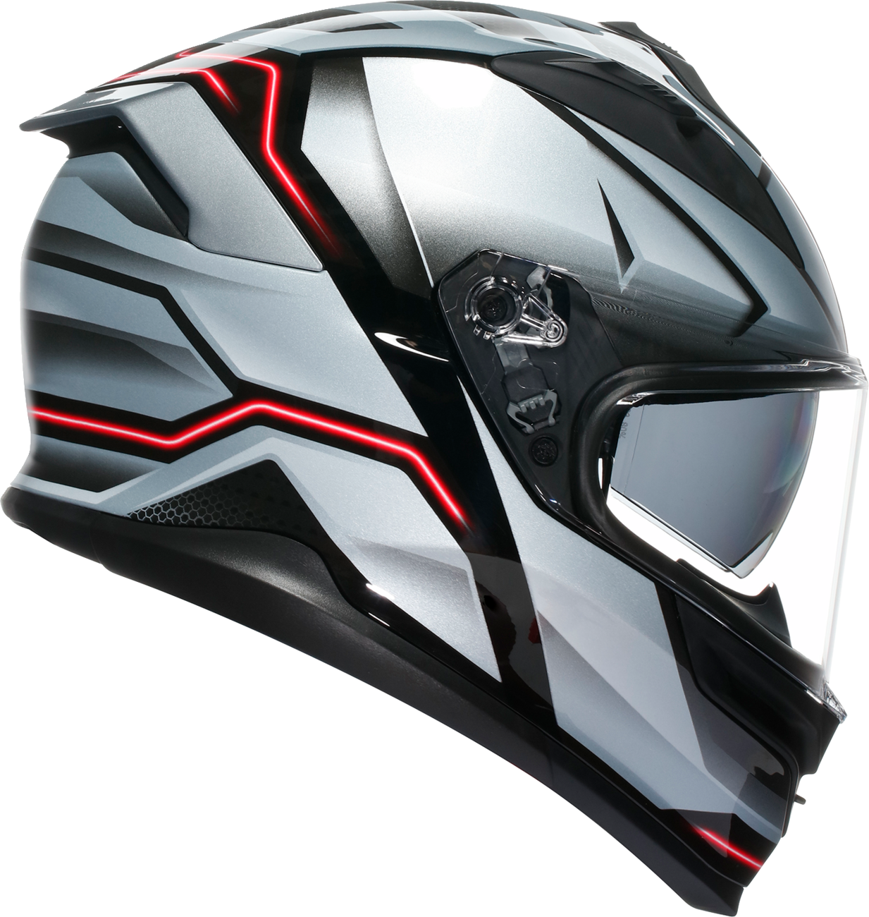 AGV K7 Jaeger racing helmet in black and silver, XL size, with ventilation and comfort features for high-performance riding.