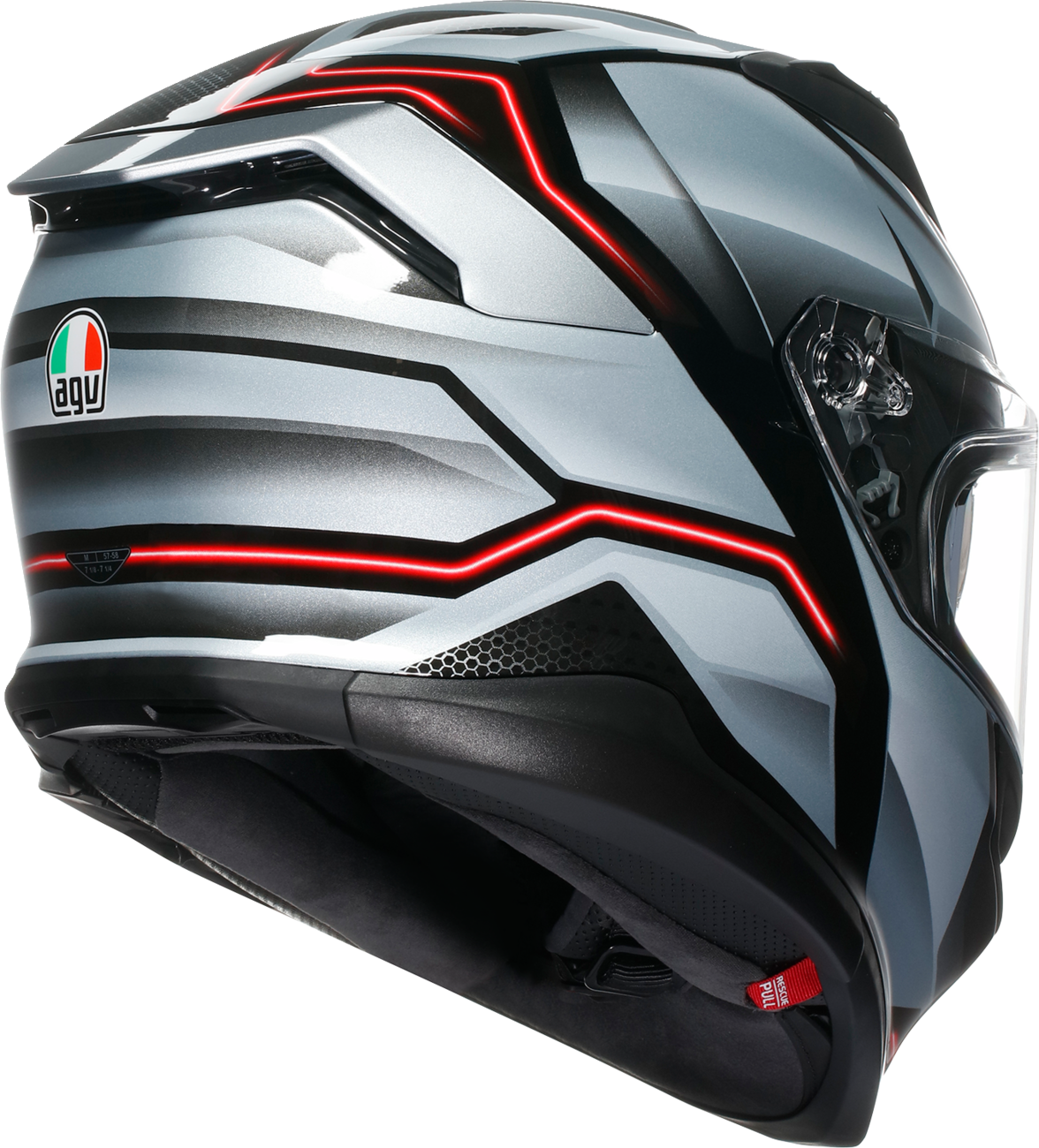 AGV K7 Jaeger racing helmet in black and silver, XL size, showing aerodynamic design, ventilation vents, and comfort features