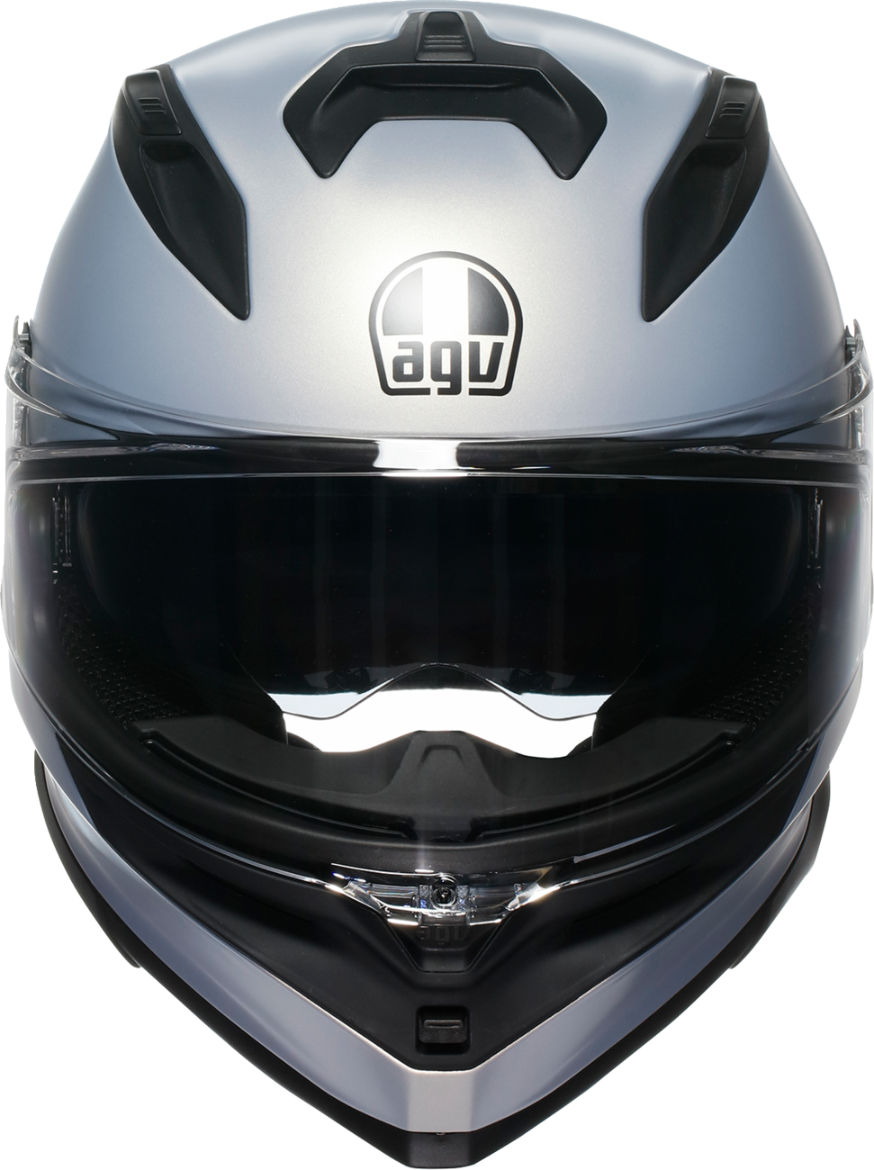 AGV K7 Mono helmet in matte Prisma Silver, 2XL size, showing the aerodynamic helmet with sleek silver finish and ventilation features.