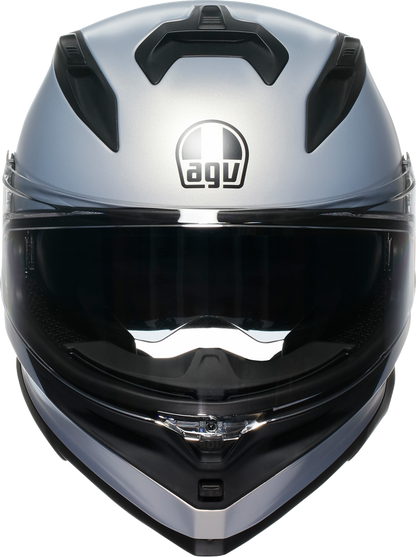 AGV K7 Mono helmet in matte Prisma Silver, 2XL size, showing the aerodynamic helmet with sleek silver finish and ventilation features.