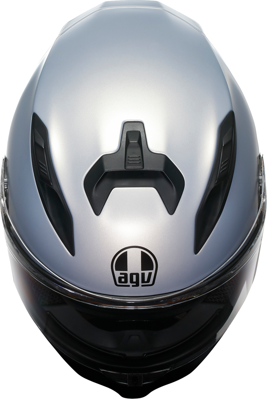 AGV K7 Mono helmet in matte Prisma Silver, 2XL, with sleek aerodynamic design and clear visor for motorcycle riding.