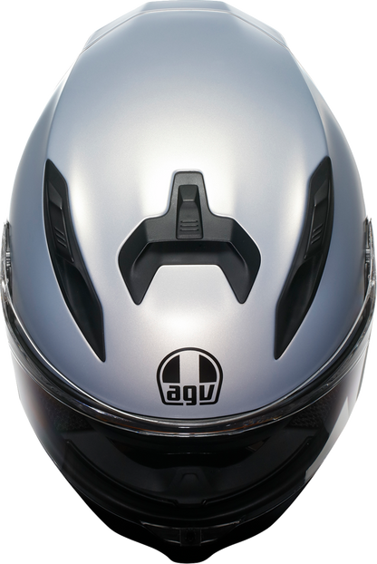 AGV K7 Mono helmet in matte Prisma Silver, 2XL, with sleek aerodynamic design and clear visor for motorcycle riding.
