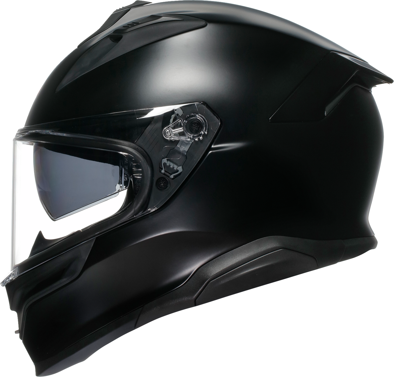 AGV K7 Mono matte black motorcycle helmet with aerodynamic design and clear visor, shown from a side angle.