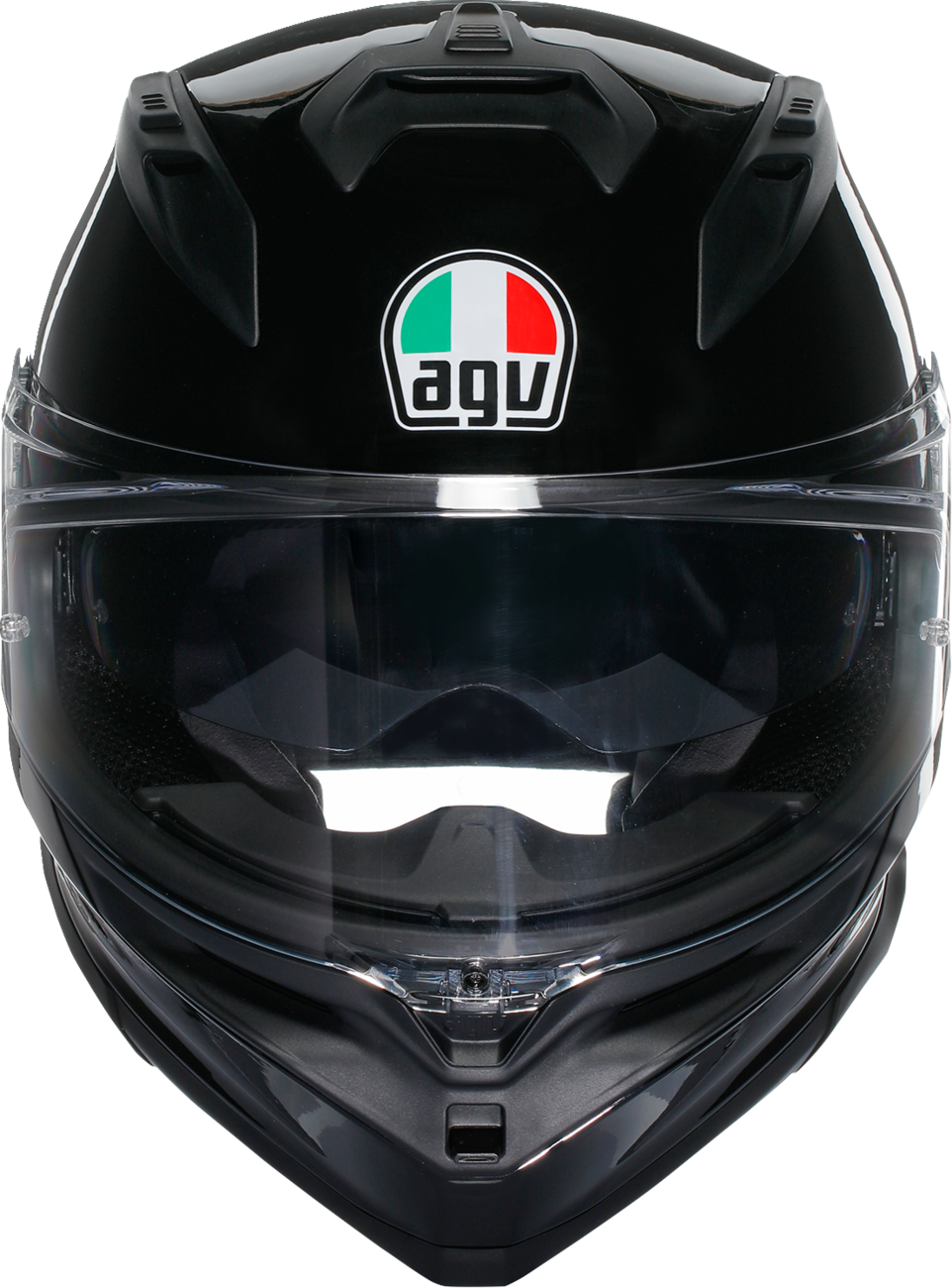 AGV K7 helmet in glossy black with small size, featuring aerodynamic design and secure strap, on a plain background.