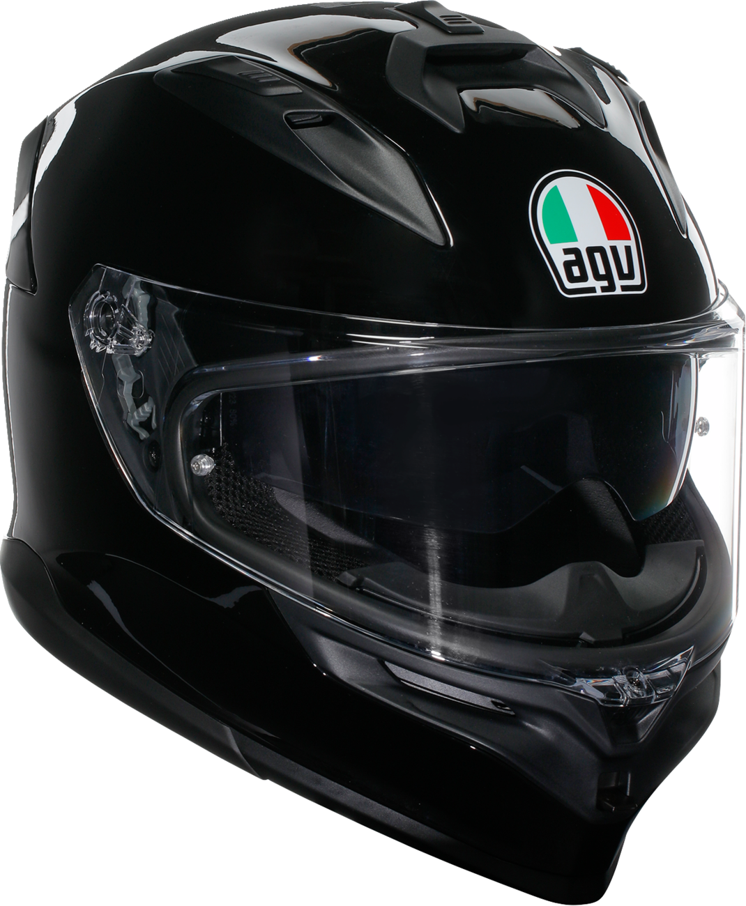 AGV K7 helmet in glossy black with 2XL size, showcasing aerodynamic design and advanced safety features.