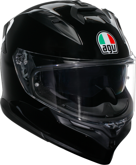 AGV K7 helmet in glossy black with 2XL size, showcasing aerodynamic design and advanced safety features.