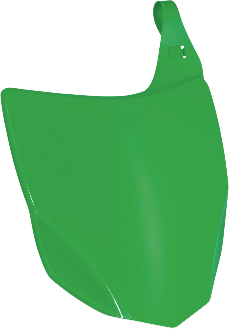 Green ACERBIS front number plate mounted on a vehicle body part, showcasing the brand’s distinctive design and color.