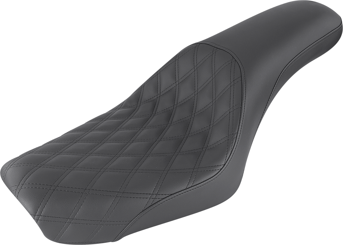 Black SADDLEMEN Profiler motorcycle seat for FXDWG 2004-2005, front lattice and rear smooth design, by Bill's Exhausts.