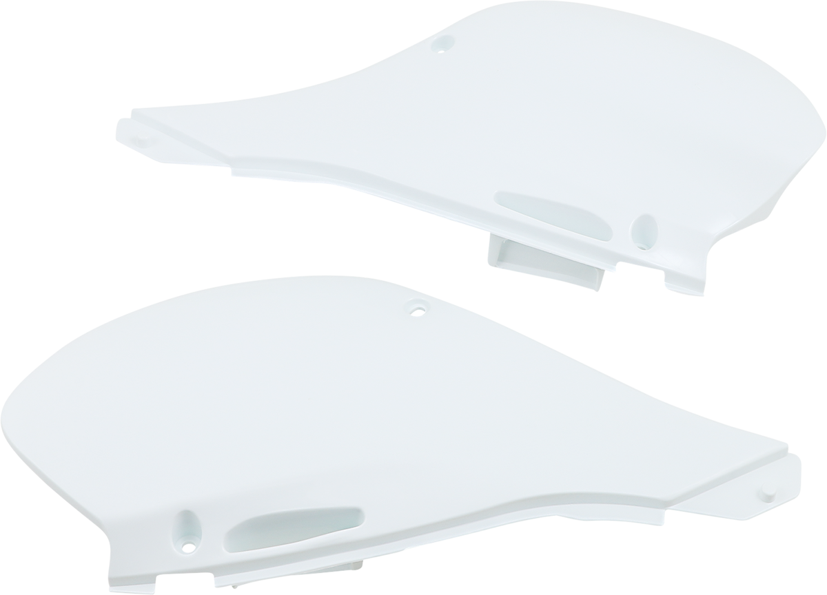 Acerbis white side panels for motorcycle body, featuring sleek design and mounting points, compatible with specific bike models.