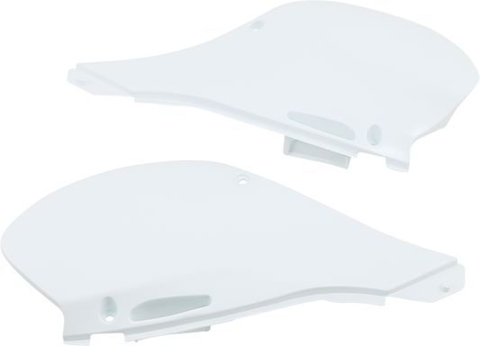 Acerbis white side panels for motorcycle body, featuring sleek design and mounting points, compatible with specific bike models.