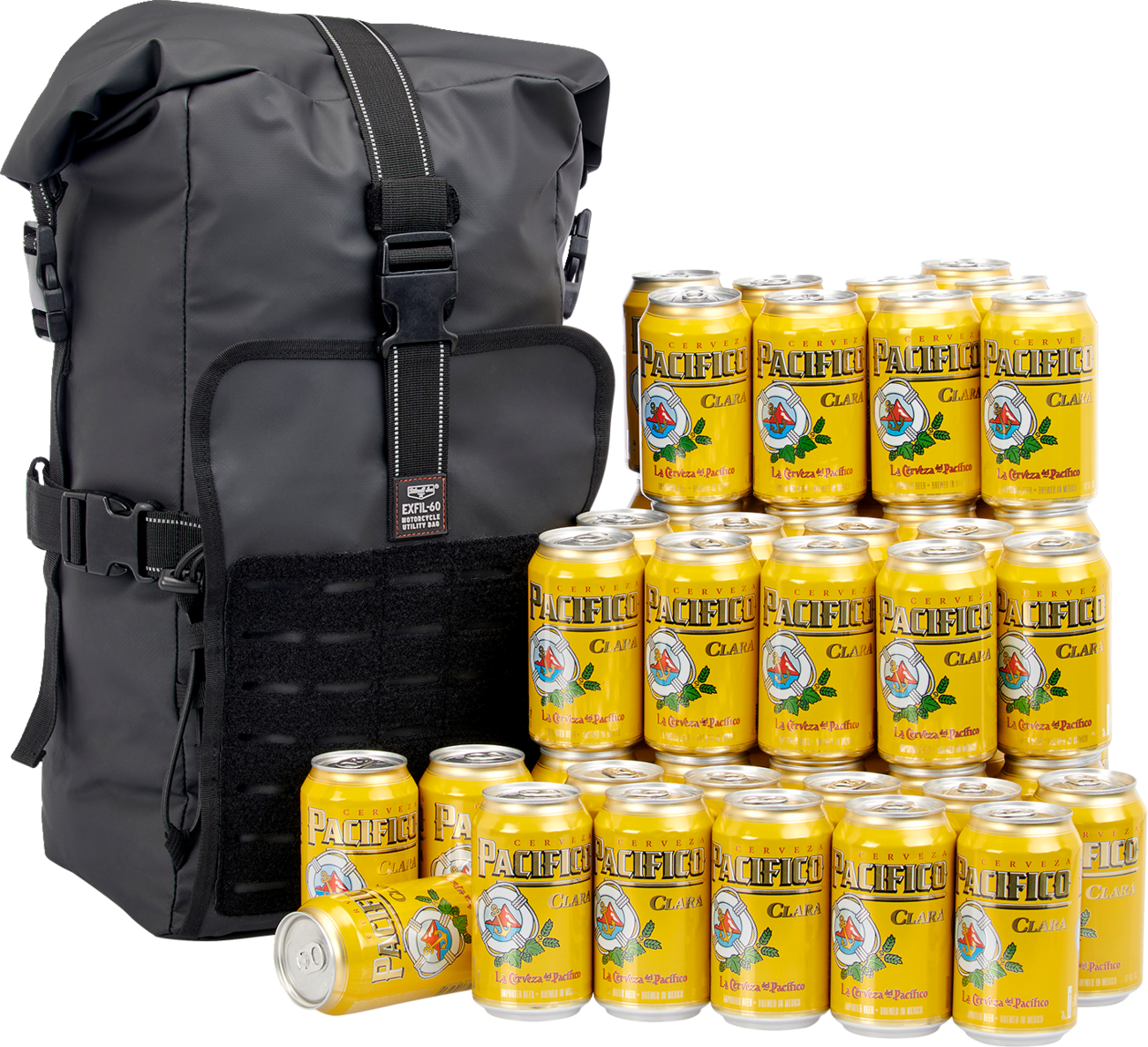 Black Biltwell Exfil-60 Dry Bag Gen 2 featuring durable material and adjustable straps, designed for outdoor and motorcycle use.