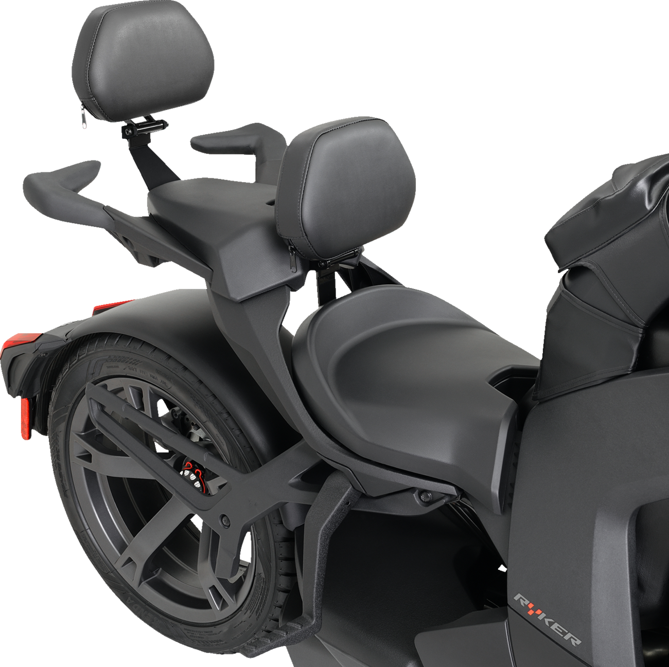 Black SHOW CHROME quick-detach backrest for Ryker 2020-2022, designed for easy engine support and comfort.