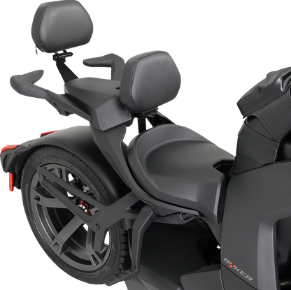 Black SHOW CHROME quick-detach backrest for Ryker 2020-2022, designed for easy engine support and comfort.
