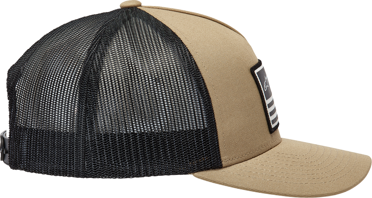 Alpinestars flag snapback hat in sand and black with adjustable one size fits all, featuring the Alpinestars logo on the front.