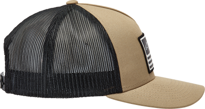 Alpinestars flag snapback hat in sand and black with adjustable one size fits all, featuring the Alpinestars logo on the front.