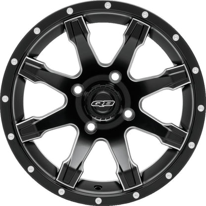 QuadBoss 14x7 PowerSports wheels with 4/110 bolt pattern and 5+2 offset, shown in black with a rugged design.