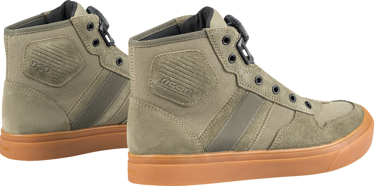 ICON Dog Days Boots in olive color, US size 11.5, featuring durable design and secure fit for outdoor protection.