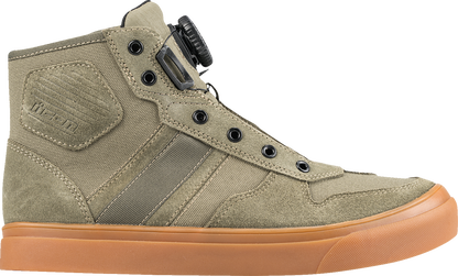 ICON Dog Days Boots in olive leather with D30® ankle inserts and BOA® lacing system, US size 14, shown on a clean background.