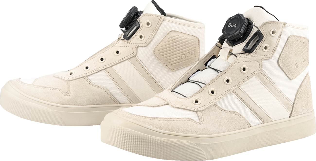 ICON Dog Days Boots in white, US 9, featuring genuine leather upper, D3O® ankle inserts, and BOA® lacing system.