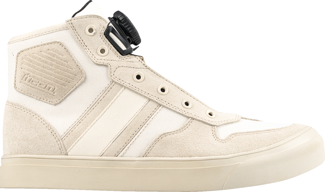 ICON Dog Days Boots in white, US 9, featuring genuine leather upper, D3O® ankle inserts, and BOA® lacing system.