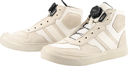ICON Dog Days motorcycle boots in white, US 11.5, featuring genuine leather, D30® ankle inserts, and BOA® lacing system.