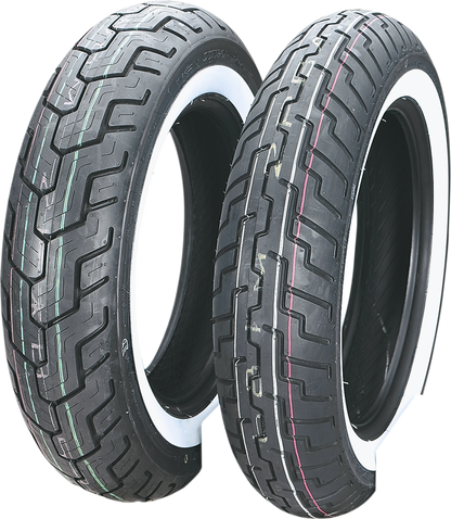 Dunlop D404 front motorcycle tire with 150/80-16 wide whitewall and 71H load rating on a motorcycle wheel.