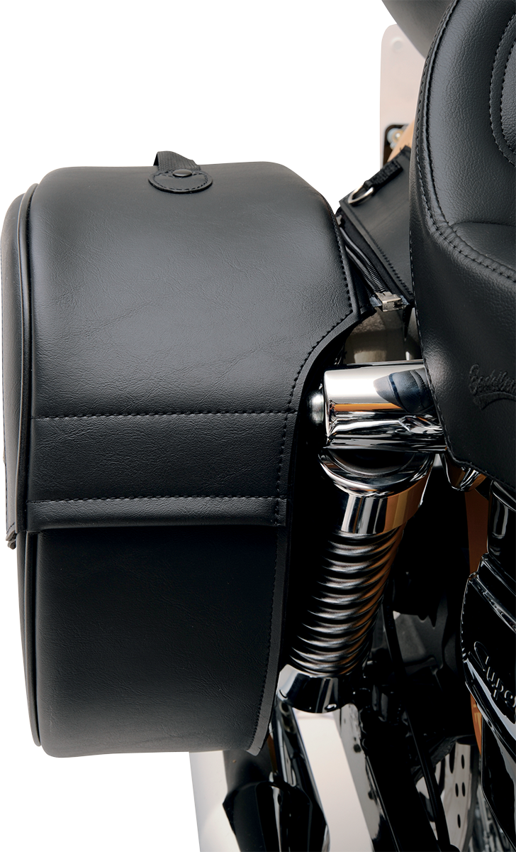 Bill's Exhausts Cruis'n Saddlebags with shock cut-out for motorcycle seats, featuring durable leather and stylish design.