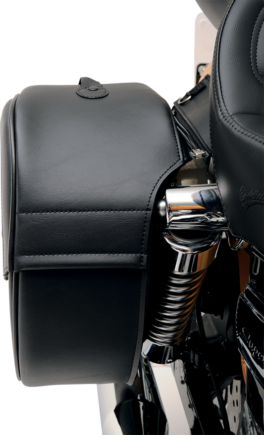 Bill's Exhausts SADDLEMEN Drifter Teardrop Saddlebags with Shock Cutaway for motorcycle seats, featuring sleek teardrop design and shock cutaway.