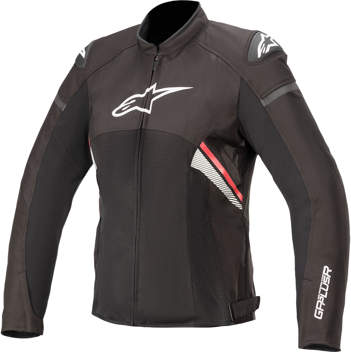 Alpinestars Stella T-GP Plus R v3 Air motorcycle jacket in black, red, and white, size 2XL, with protective armor details.