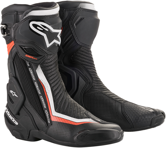 Alpinestars SMX+ Vented motorcycle boots in black, white, and red with protective design and adjustable straps for riding comfort.