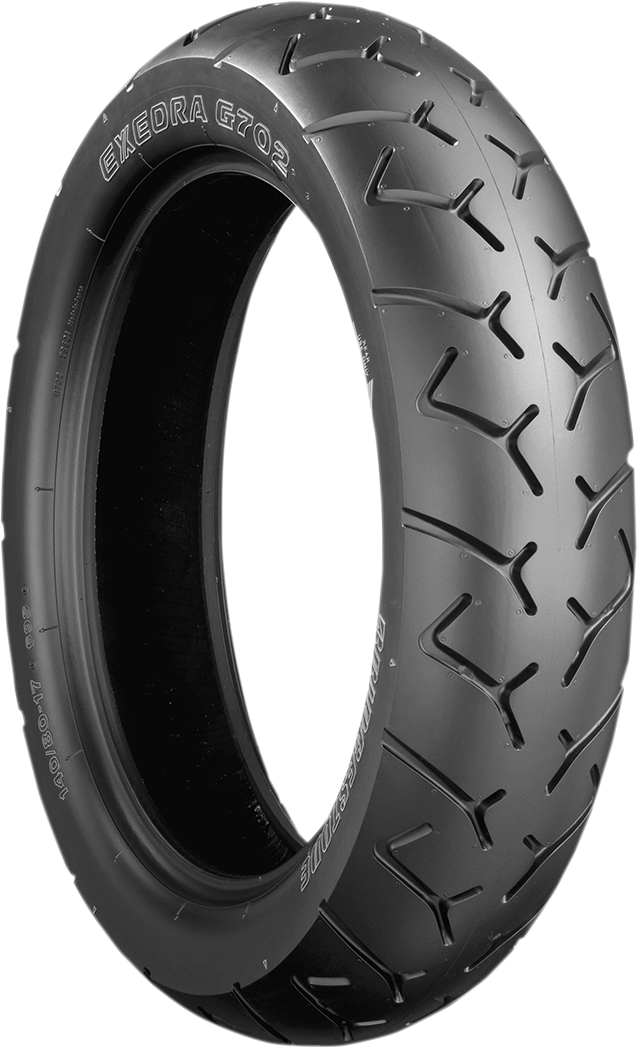 BRIDGESTONE Exedra G702-G rear motorcycle tire 150/90B15 designed for touring bikes, featuring durable tread and rugged sidewalls.