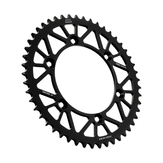 JT Rear RacLite 49T sprocket for Honda and Yamaha, lightweight 7075-T6 aluminum design, shown in silver with gear teeth.