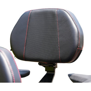Bill's Exhausts SHOW CHROME Grande Backrest for Ryker, driver seat with ballistic red stitching and chrome finish.