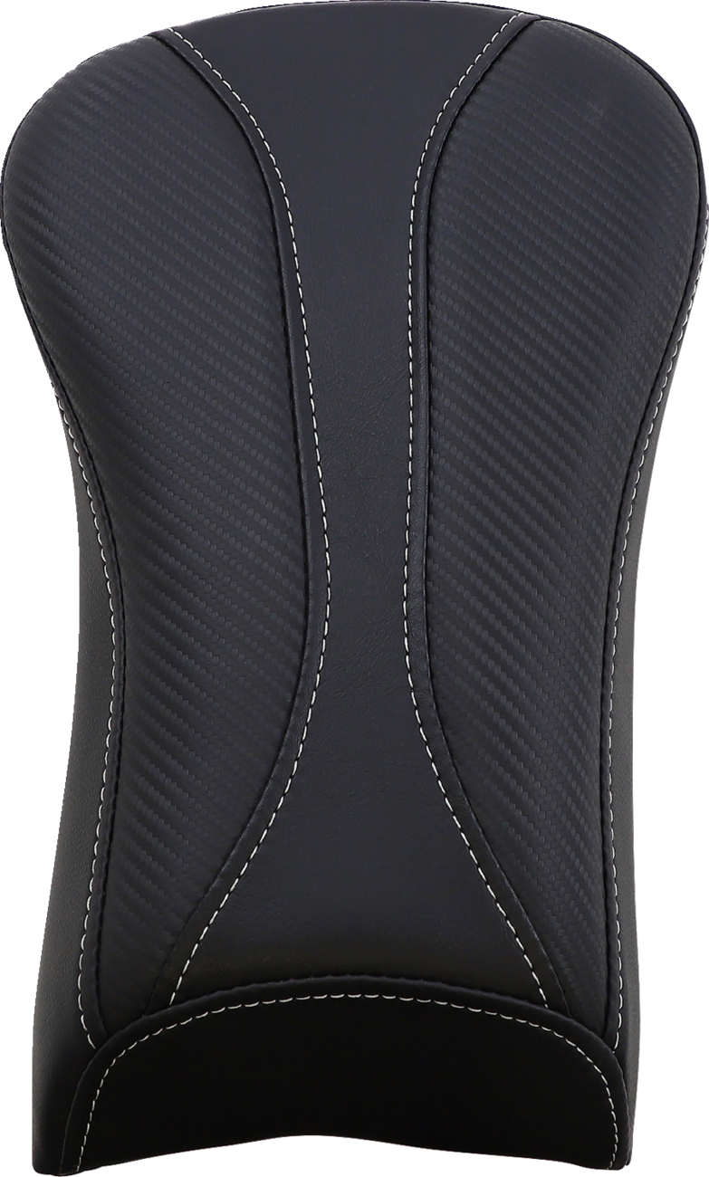Black Saddlemens Dominator Pillion Pad with gray stitching for standard reach, designed for motorcycle seats, by Bill's Exhausts.
