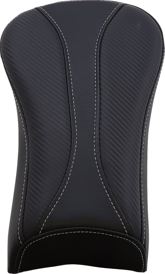 Black Saddlemens Dominator Pillion Pad with gray stitching for standard reach, designed for motorcycle seats, by Bill's Exhausts.