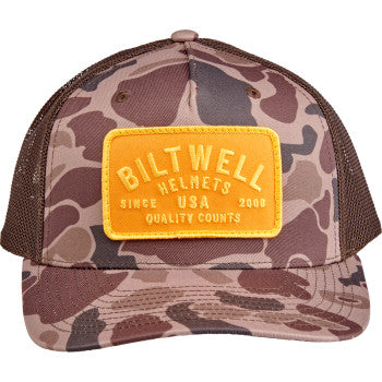 Bill's Exhausts Biltwell Bark Hat in Camo Brown, a stylish adjustable hat with a rugged camo pattern and comfortable fit.