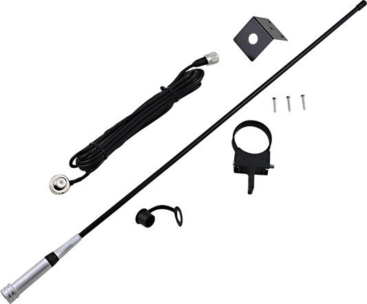 Bill's Exhausts NAVATLAS antenna with mount installed on engine, durable antenna component for vehicle communication systems.