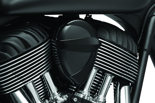 Black Kuryakyn John Shope Series Vantage Horn Cover for Indian Big Twins motorcycle, featuring detailed design and sleek finish.