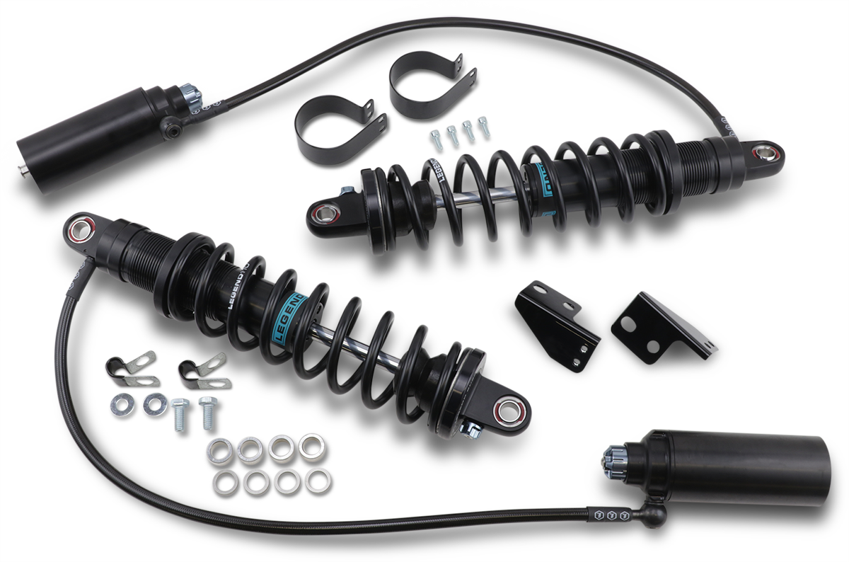 Legend Suspension Revo ARC remote reservoir shocks for motorcycles, 14-inch black suspension components with part number 1310-1880