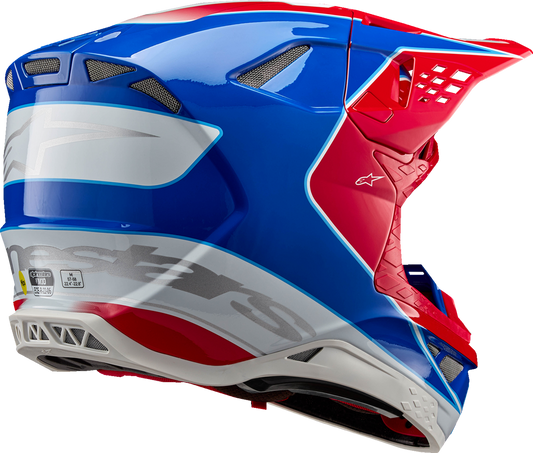 Alpinestars Supertech M10 Aeon MIPS® helmet in gloss bright red and blue, shown in size XS with aerodynamic design and ventilation.