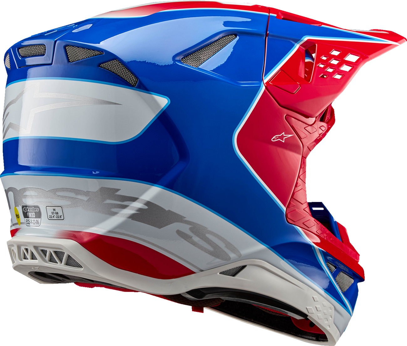 Alpinestars Supertech M10 Aeon MIPS® helmet in gloss bright red and blue, medium size, with aerodynamic vents and sleek design.