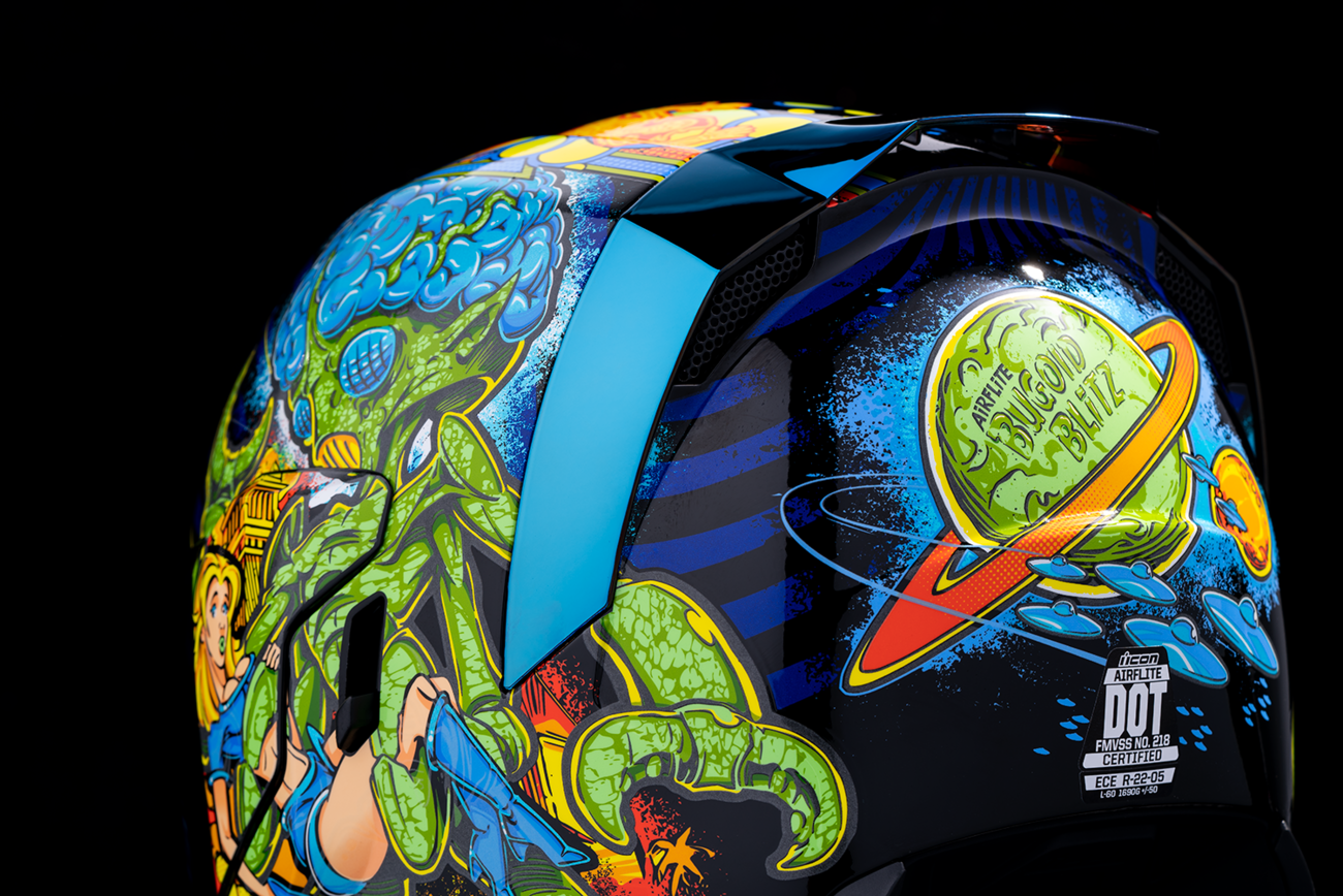 Blue ICON Airflite™ Helmet in Bugoid Blitz design, small size, featuring aerodynamic shape and ventilation for motorcycle riding.