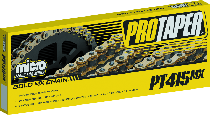 ProTaper 415MX motorcycle chain by Bill's Exhausts, featuring 415x120L links, shown on a clean background with chain details.