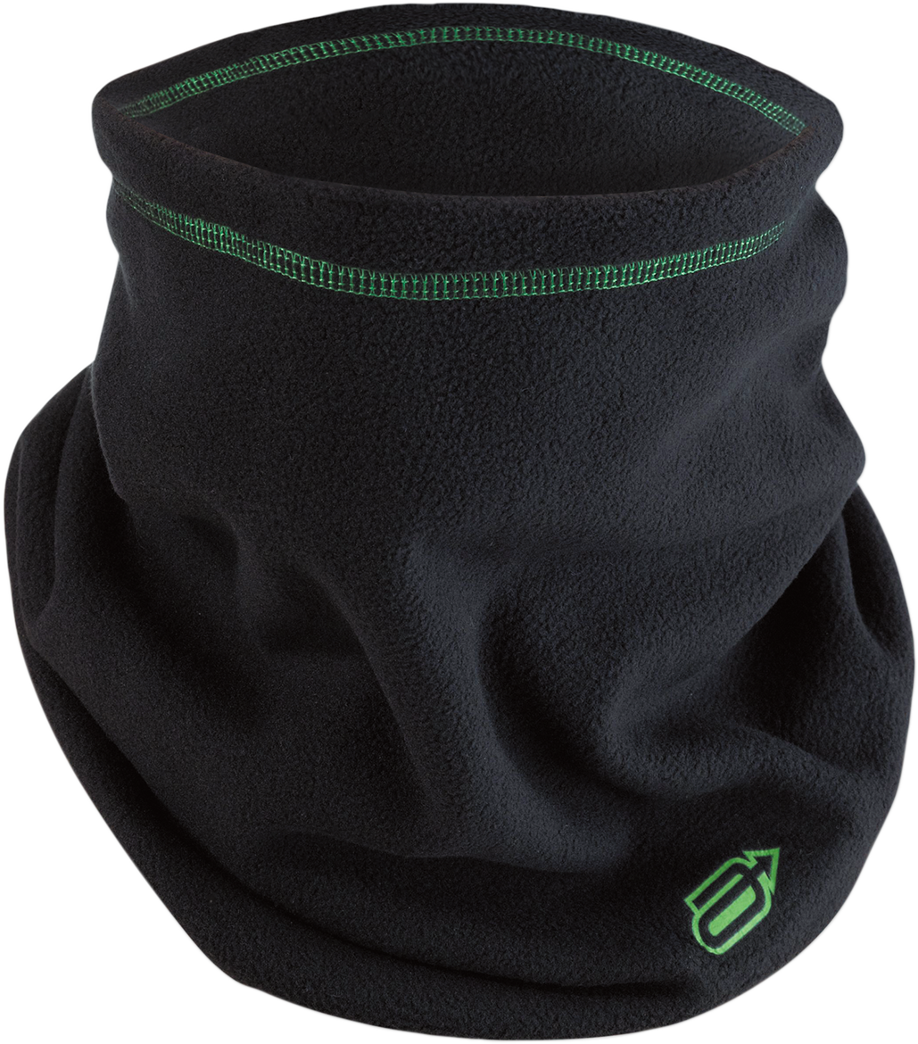 Bill's Exhausts ARCTIVA fleece neck warmer balaclava in black and green, showing close-up of the soft, stretchy fabric.