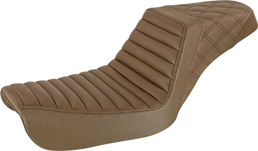 Brown SADDLEMEN Step-Up Seat for FXD motorcycle, front tuck-n-roll and rear lattice stitch design, by Bill's Exhausts.